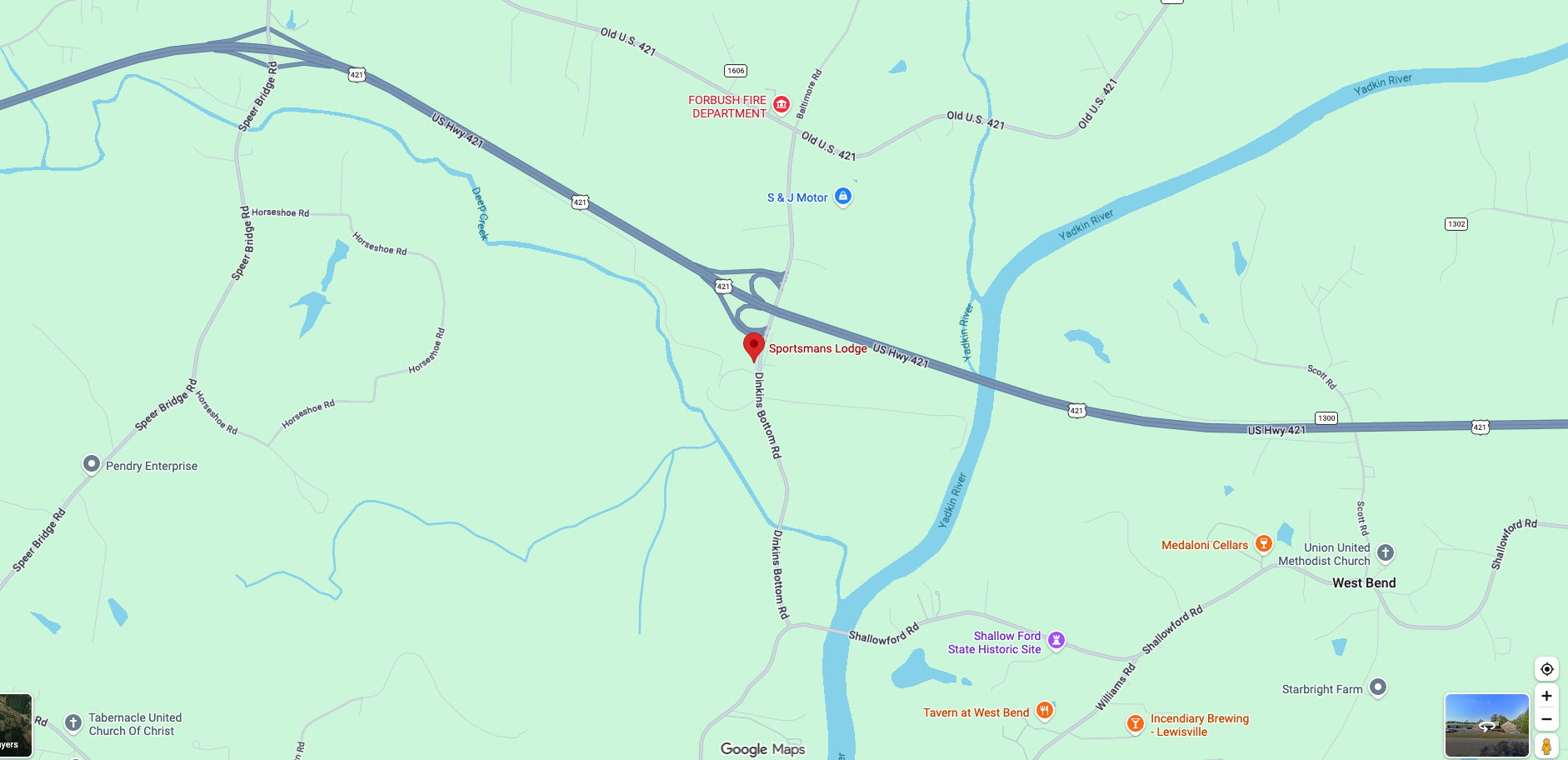 Map showing The Sportsman’s Lodge at 1824 Dinkins Bottom Road in Yadkinville, North Carolina. Open Google Maps for directions.
